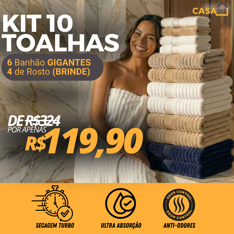 CloudSoft™ – Toalha Premium Algodão Turco | Kit 6 Banhão + 4 Rosto (BRINDE) + OFERTA